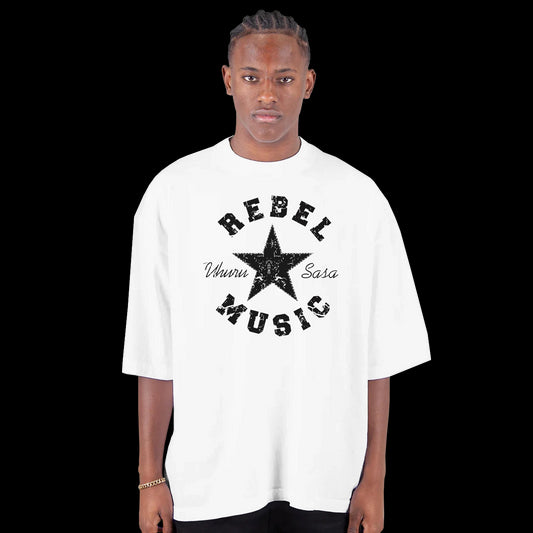 Soundtrack for the Defiant Rebel Music distressed black star graphic on a white T-shirt front