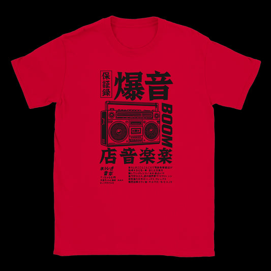Speaker of the Streets Underground Sound System Japanese boombox graphic in black on a red T-shirt