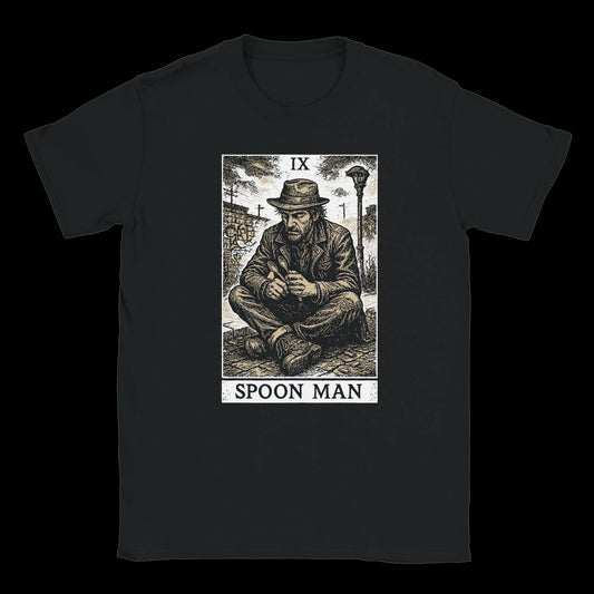 Tarot-style graphic of a man holding spoons sitting on a street in a black T-shirt