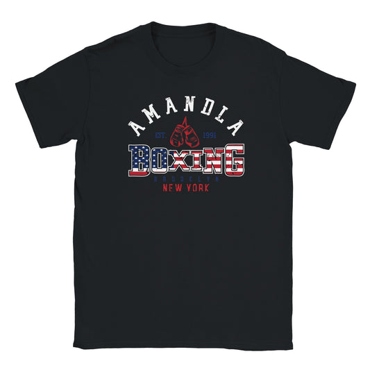 Boxing gloves with USA flag text design reading Amandla Boxing Brooklyn on black T-shirt
