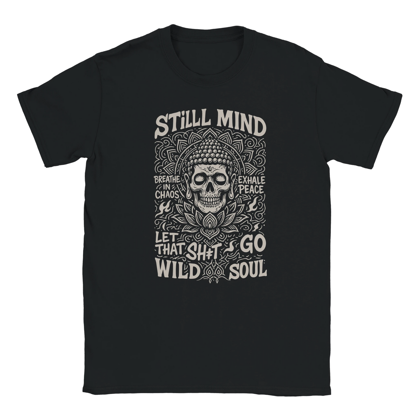 Black oversized streetwear T-shirt with Still Mind Wild Soul skull Buddha mandala graphic design