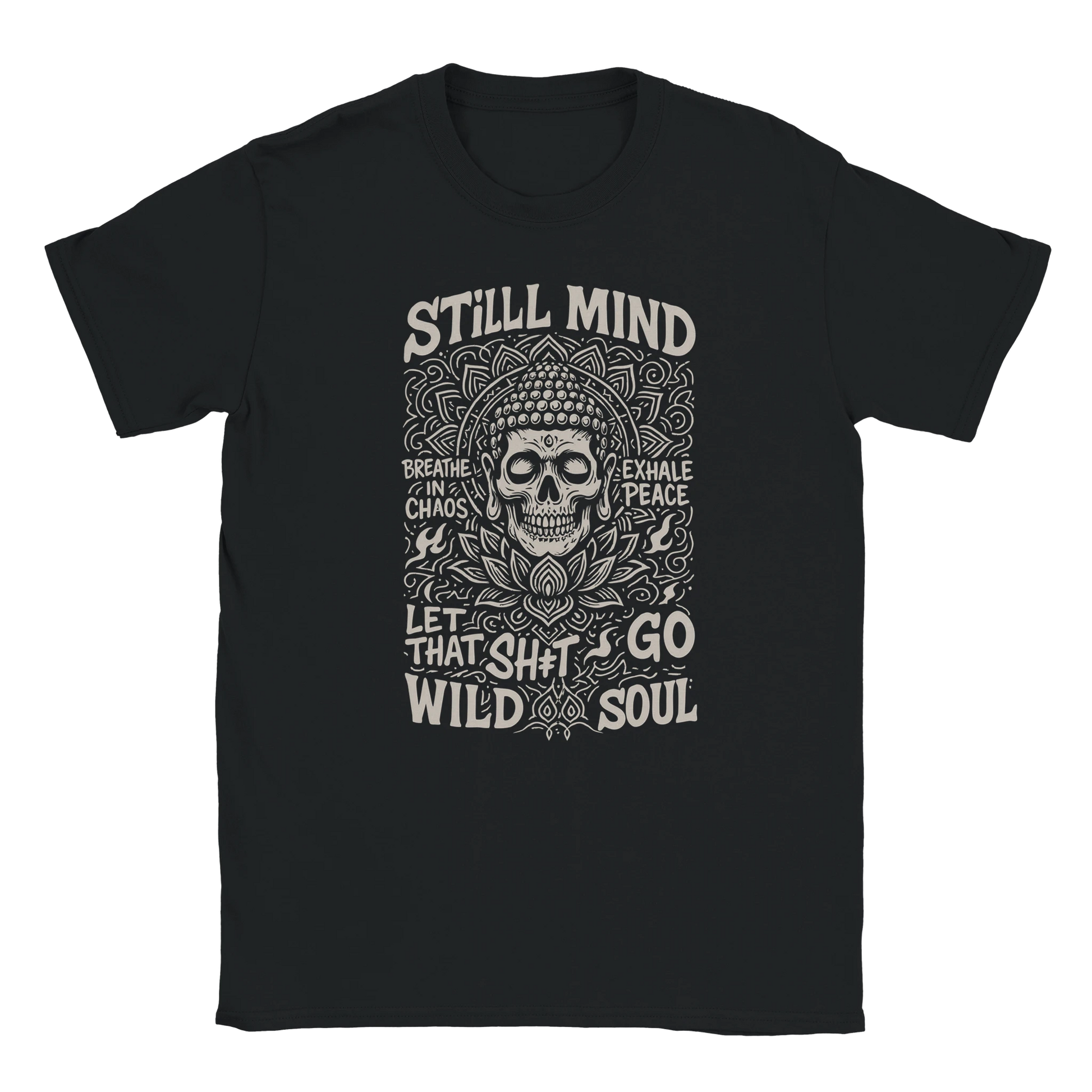 Black oversized streetwear T-shirt with Still Mind Wild Soul skull Buddha mandala graphic design