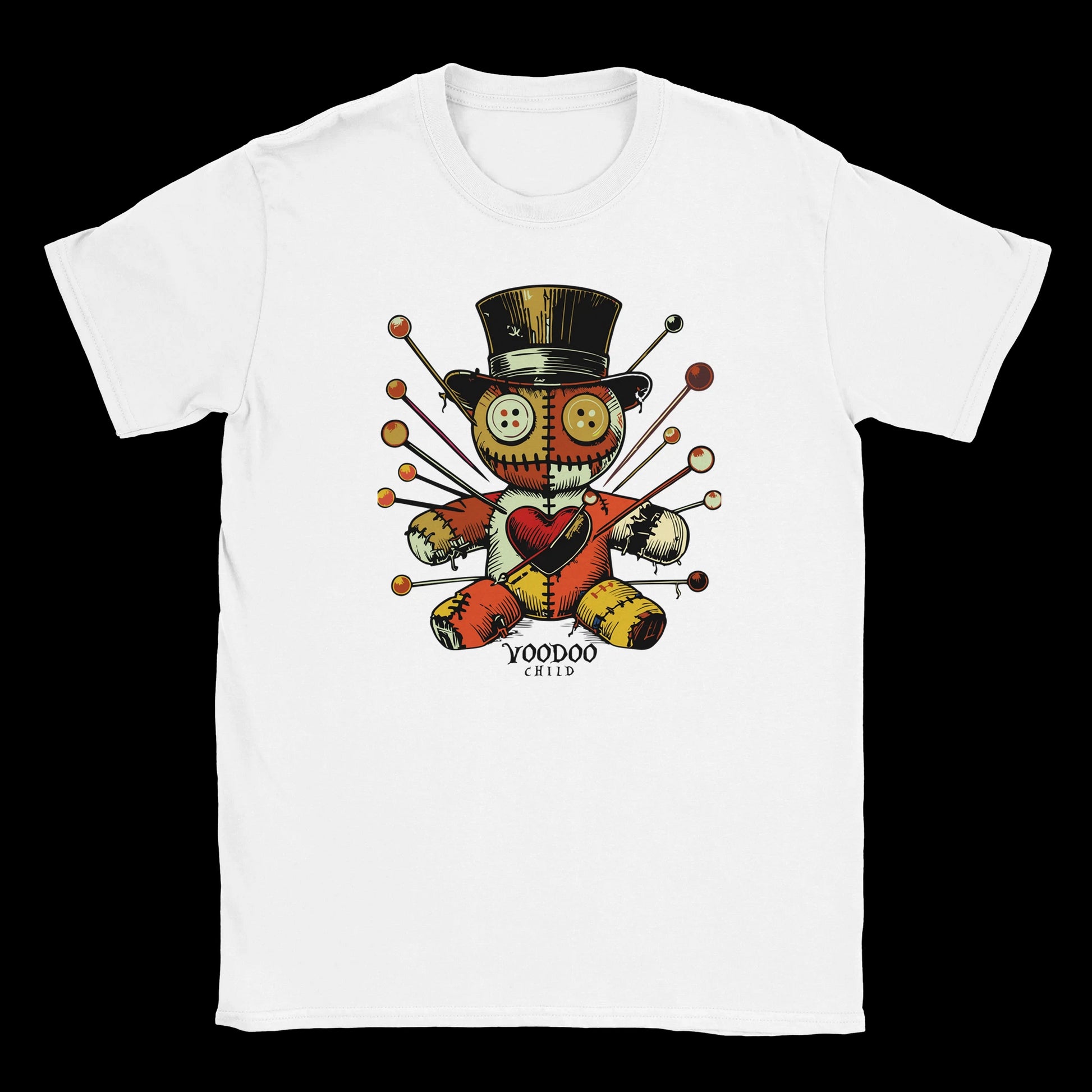 Patchwork voodoo doll with buttons and pins wearing a top hat on white T-shirt
