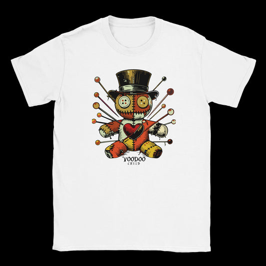 Patchwork voodoo doll with buttons and pins wearing a top hat on white T-shirt
