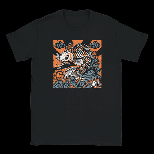 Traditional koi fish swimming through storm waves in orange and navy on black T-shirt
