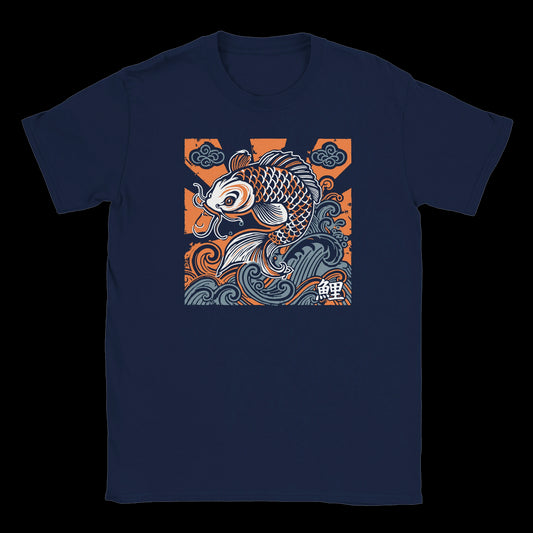 Traditional koi fish swimming through storm waves in orange and navy on navy T-shirt
