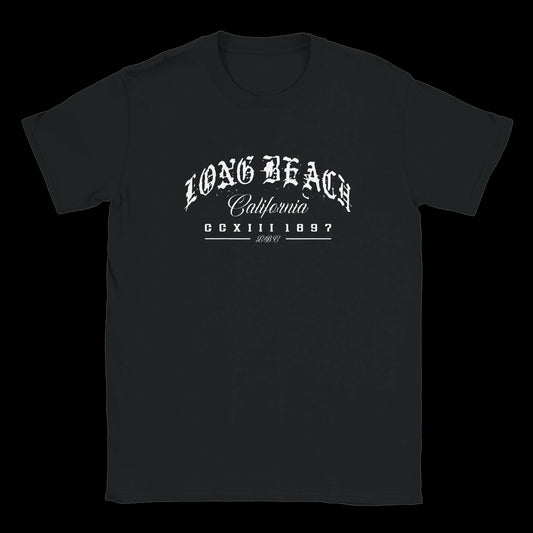 Straight Outta LBC West Coast Classics gothic white lettering design on a black T-shirt
