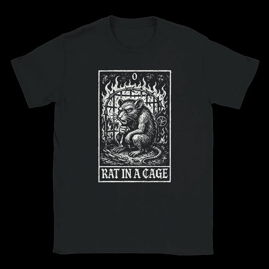 Tarot of Rage design with a chained rat in a burning cage printed on black T-shirt