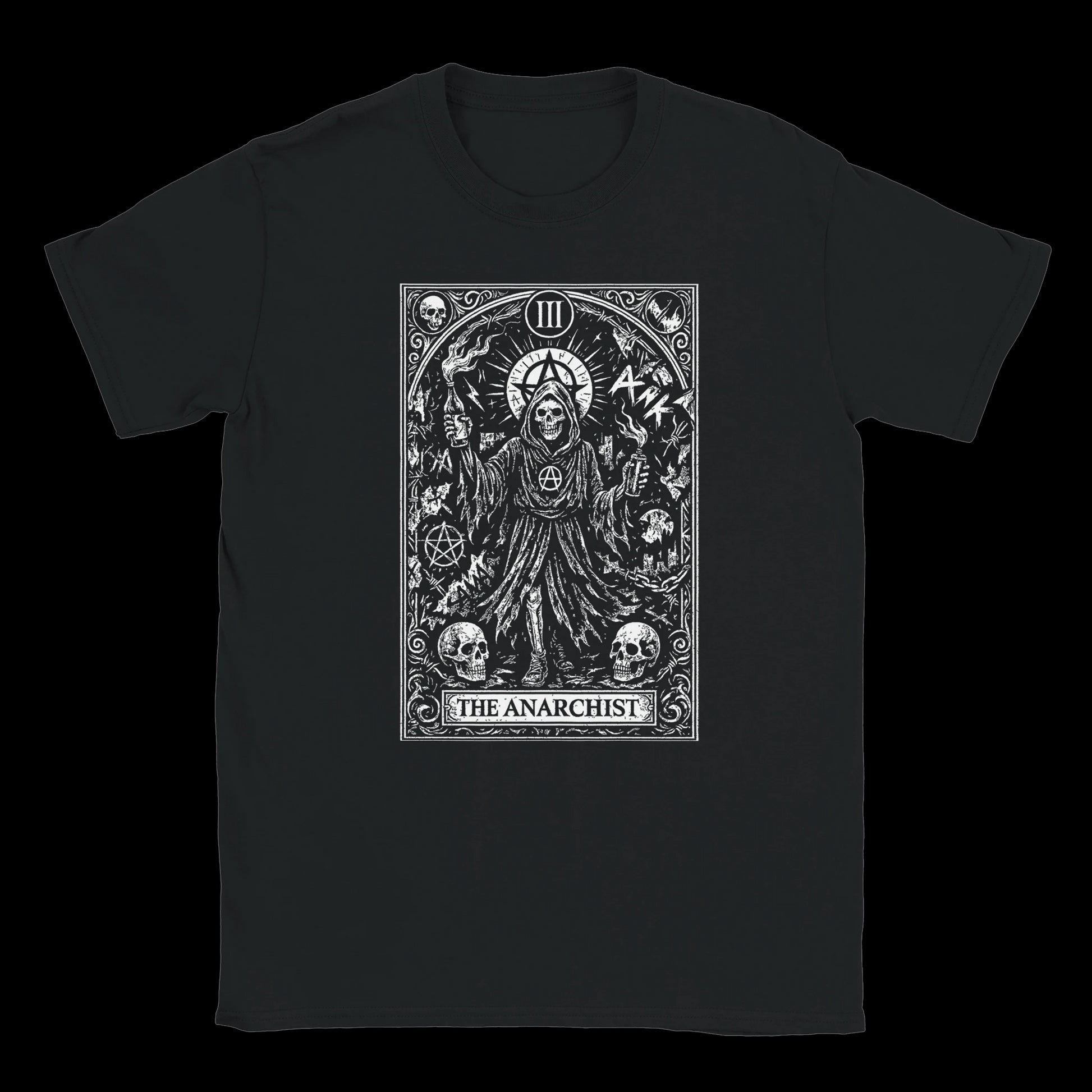 Tarot card-style illustration of an anarchist with torches and skulls printed on black T-shirt