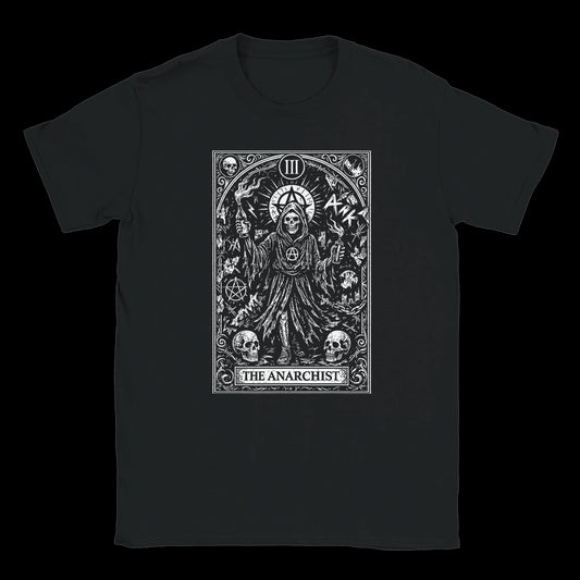 Tarot card-style illustration of an anarchist with torches and skulls printed on black T-shirt