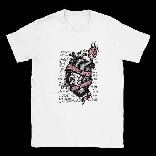 Anatomical heart with pink flaming ribbon and grunge lyrics printed on white T-shirt
