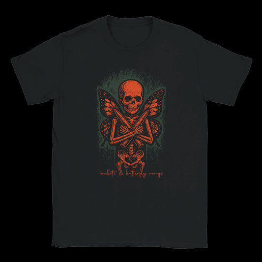 Skeleton with butterfly wings holding crossed bullets in orange on black T-shirt