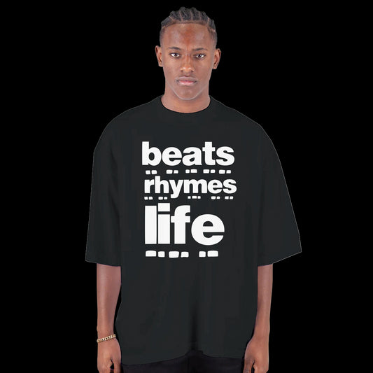 White cipher-style text reading beats rhymes life on black T-shirt front
