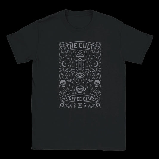 Mystical coffee cult design with skulls and hamsa hand on black T-shirt