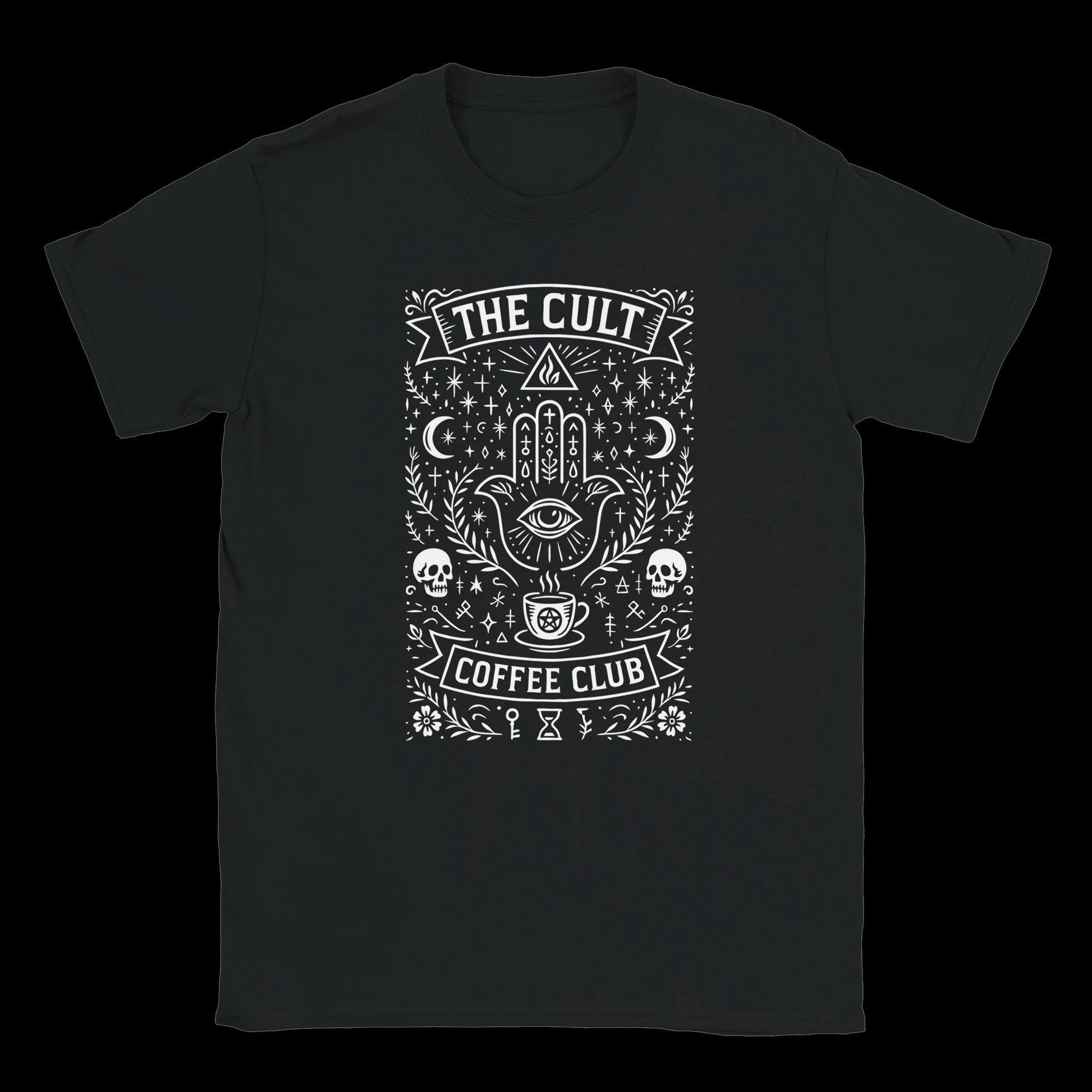 Mystic coffee design with all-seeing eye and skulls on black T-shirt