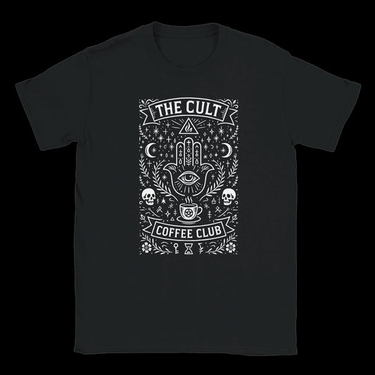 Mystic coffee design with all-seeing eye and skulls on black T-shirt