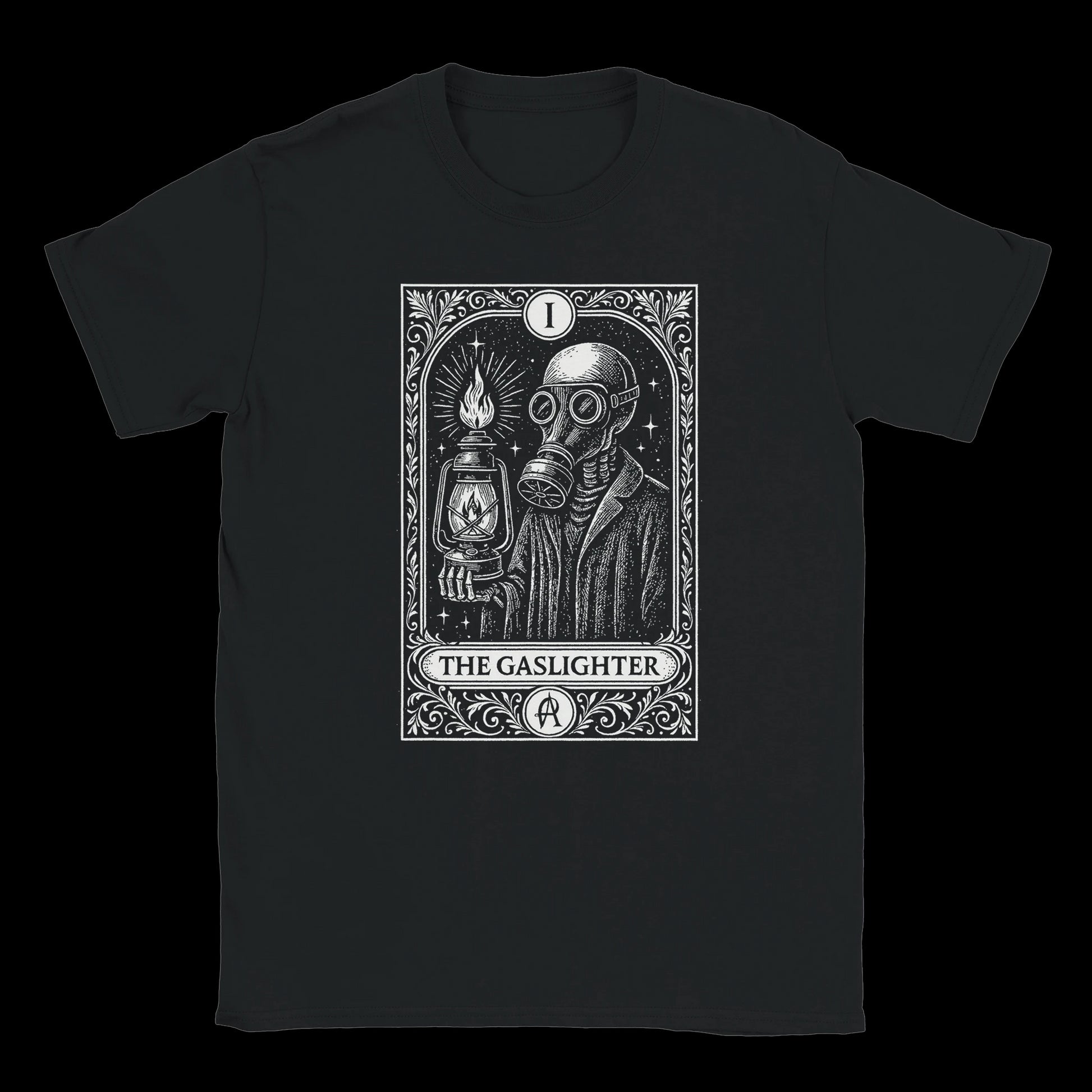 Gas mask figure with lantern in tarot card design on black T-shirt