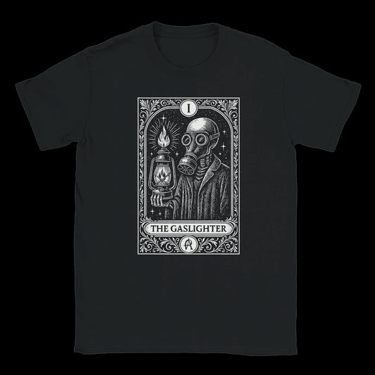Gas mask figure with lantern in tarot card design on black T-shirt