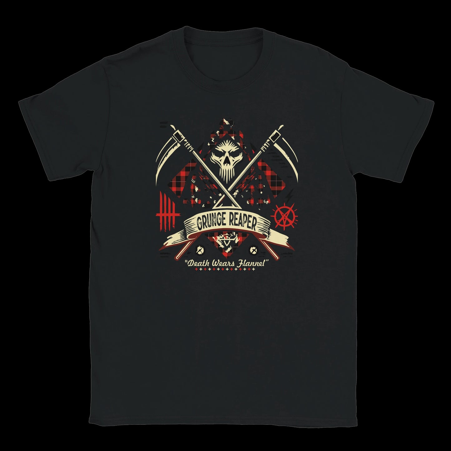 Plaid cloaked grim reaper with crossed scythes and punk graphics on black T-shirt

