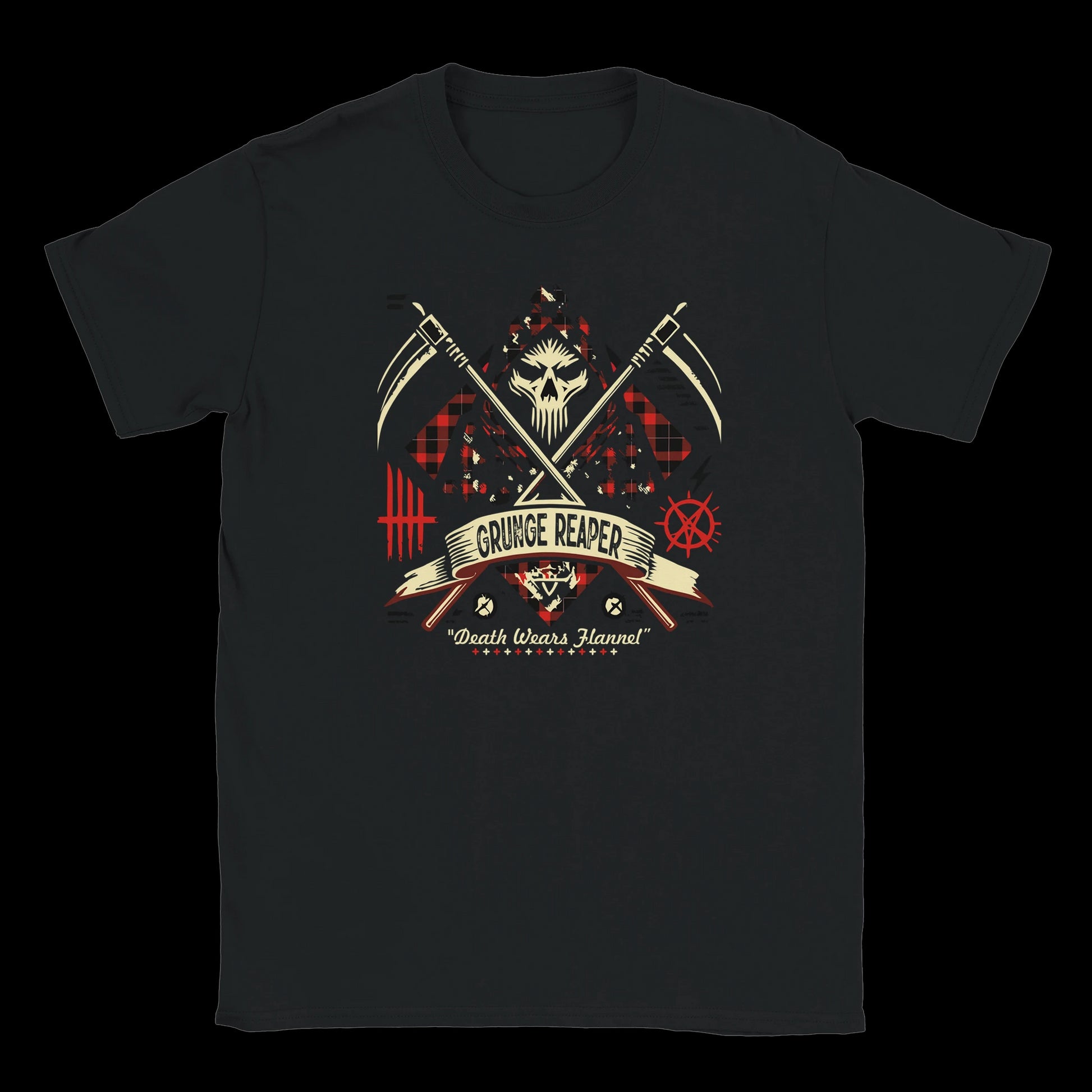 Plaid cloaked grim reaper with crossed scythes and punk graphics on black T-shirt

