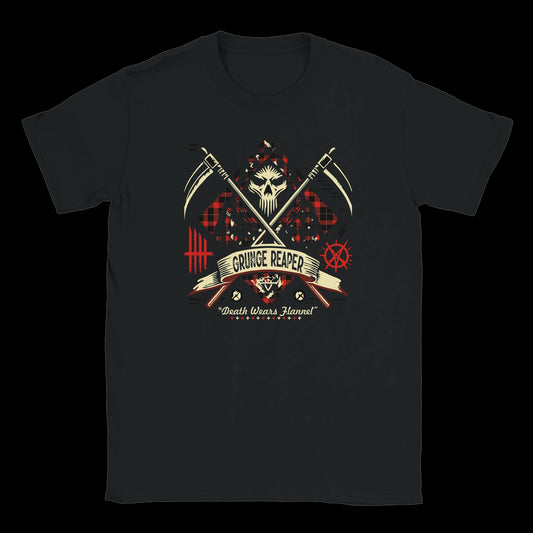 Plaid cloaked grim reaper with crossed scythes and punk graphics on black T-shirt

