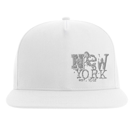 White cap featuring distressed New York text with safety pin detail embroidered on front