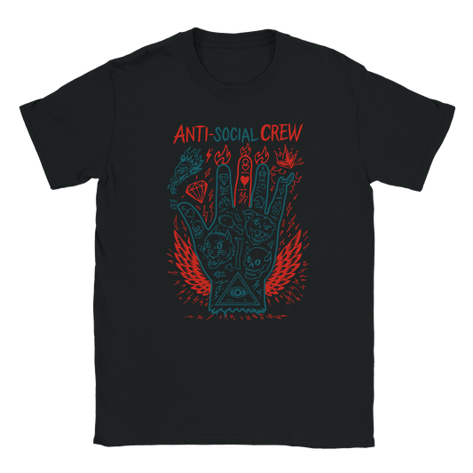 Black T-shirt with flaming hand illustration featuring cats, skulls, and all-seeing eye design