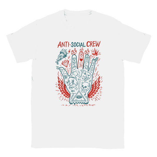 White T-shirt with flaming hand illustration featuring cats, skulls, and all-seeing eye design
