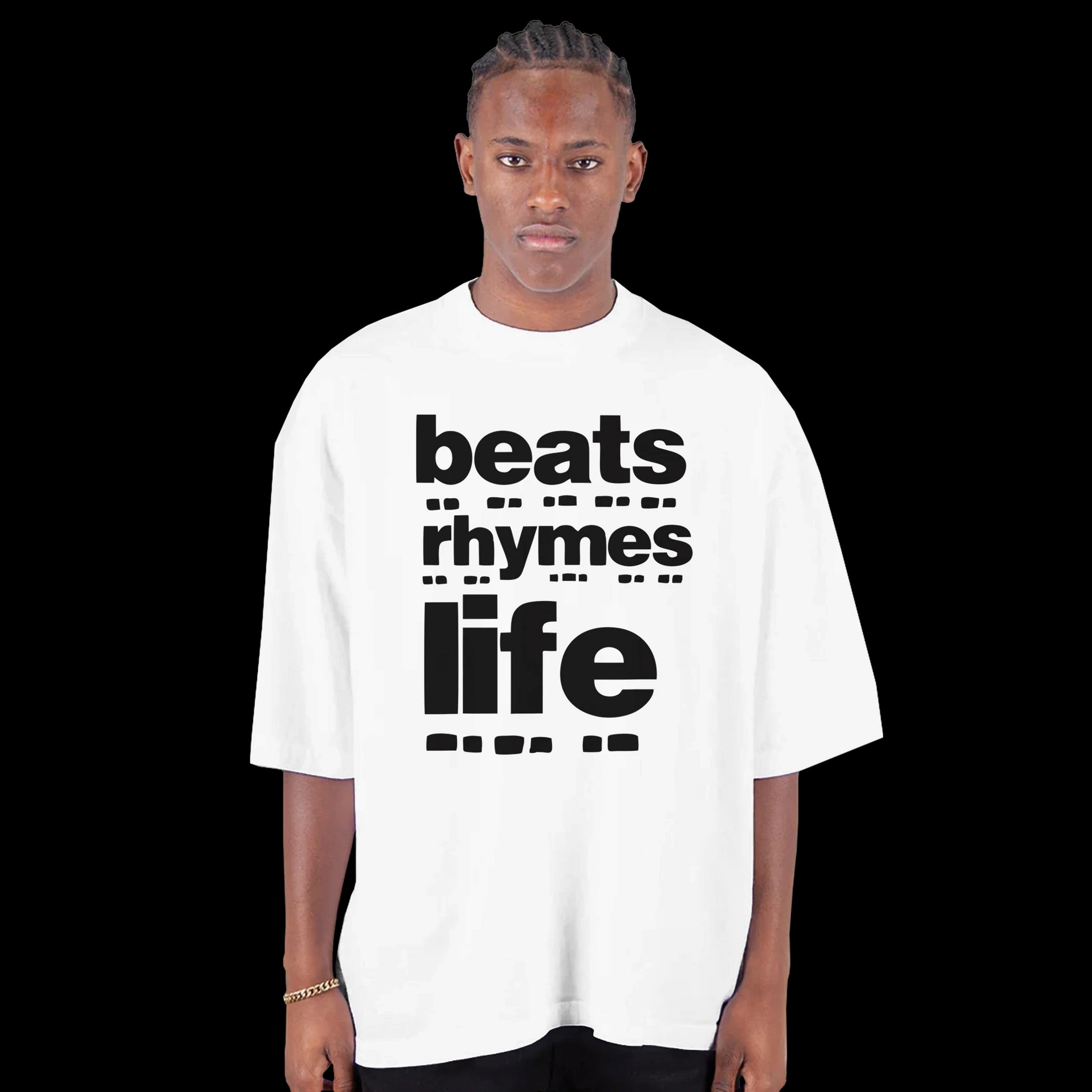 White T-shirt with bold black text reading beats rhymes life in stacked graphic layout front