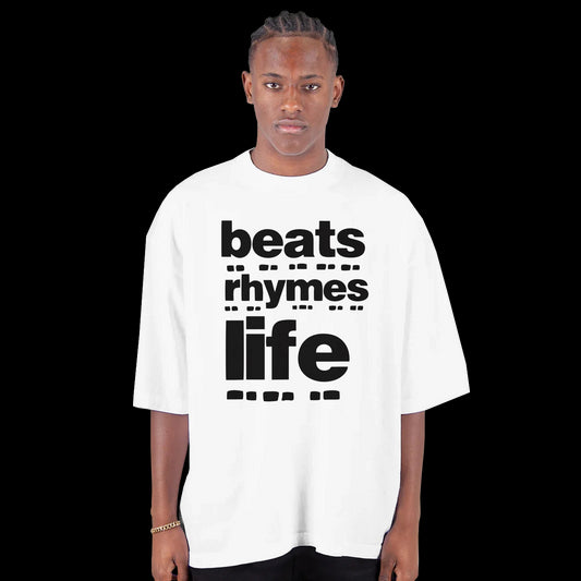White T-shirt with bold black text reading beats rhymes life in stacked graphic layout front