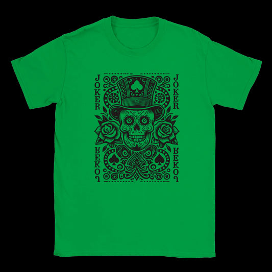 Irish Green T-shirt featuring a black sugar skull Joker card design with roses and playing card elements
