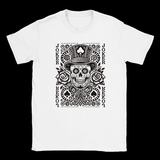 White T-shirt featuring a black sugar skull Joker card design with roses and playing card elements