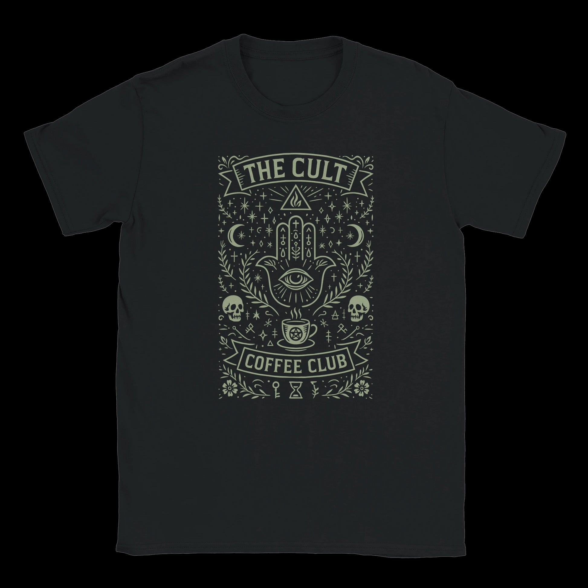 Black T-shirt featuring an occult coffee cult design with a third eye hand symbol, skulls, moons, and mystical coffee cup
