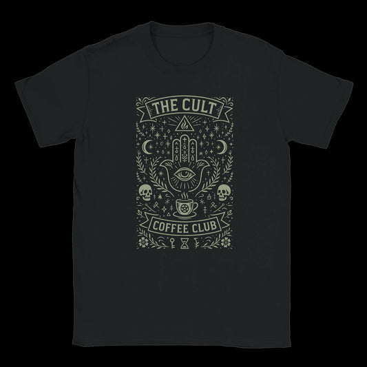 Black T-shirt featuring an occult coffee cult design with a third eye hand symbol, skulls, moons, and mystical coffee cup