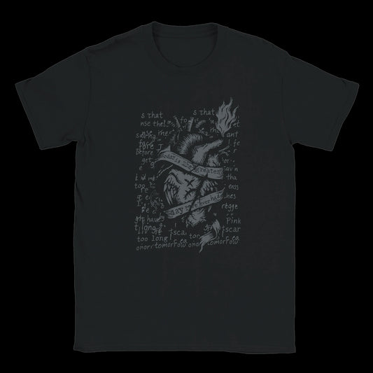 Black T-shirt with a flaming anatomical heart and chaotic handwritten lyrics in tattoo-style design