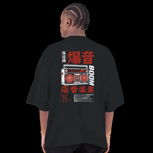 Black T-shirt featuring Japanese text and a retro boombox graphic on the back with bold BOOM lettering back