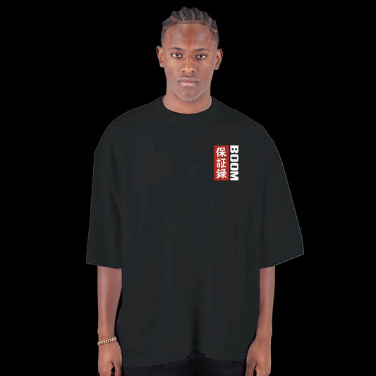 Black T-shirt front with bold white BOOM text and red Japanese kanji blocks on the chest