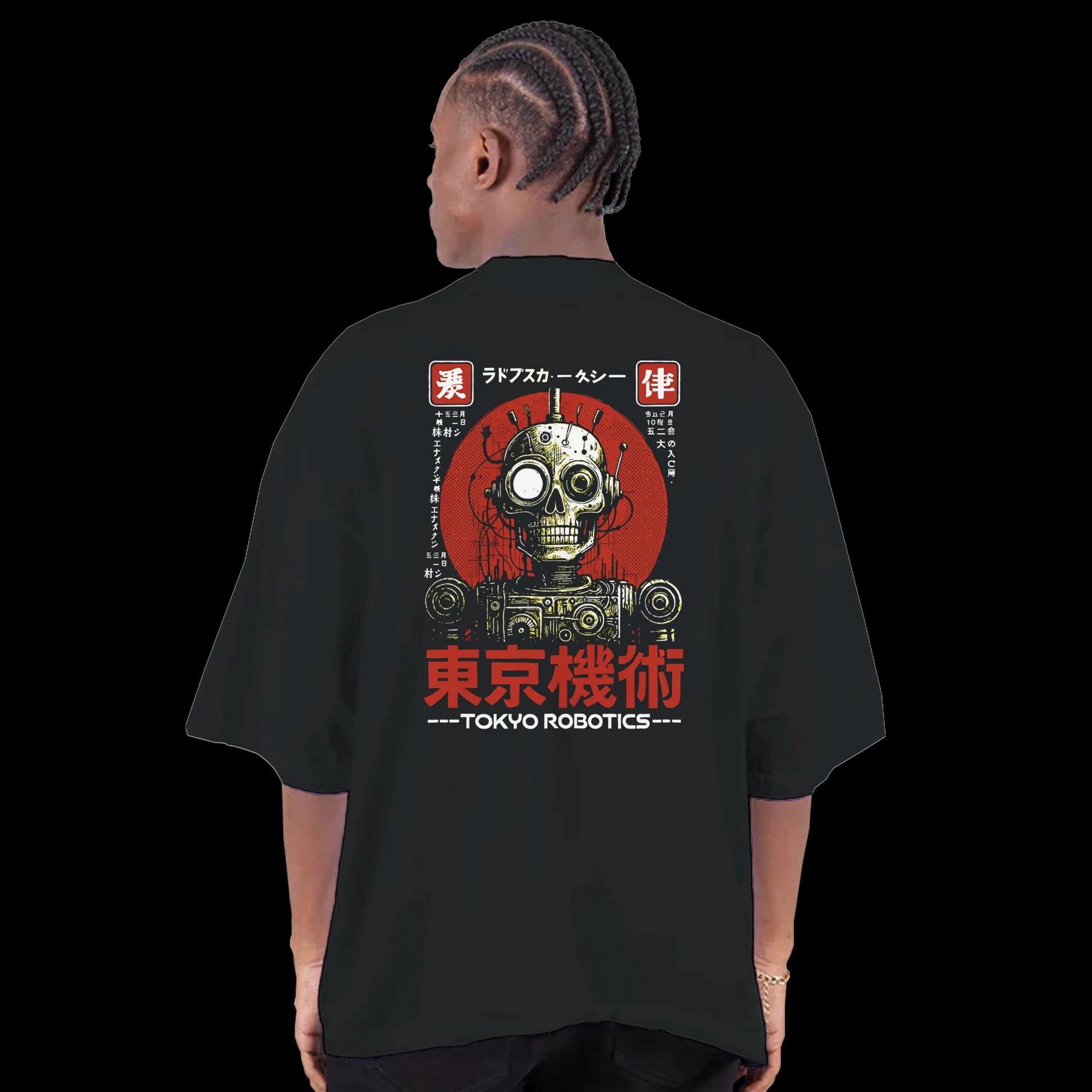 Black T-shirt with front Tokyo Robotics text and back design of a retro robot skull with red Japanese tech graphics back