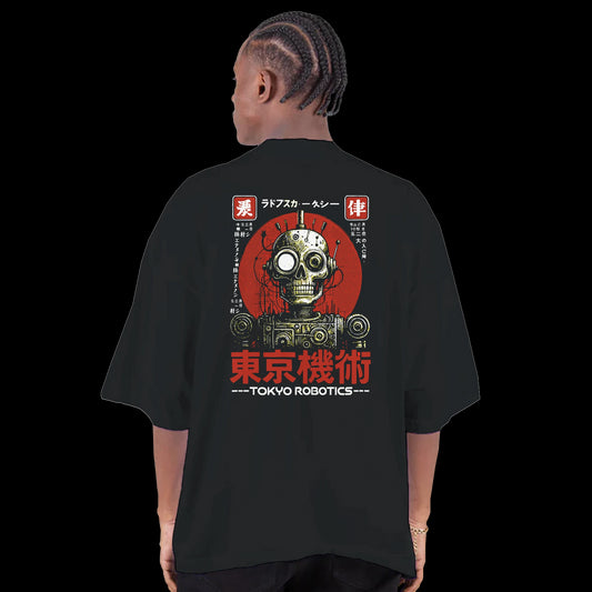 Black T-shirt with front Tokyo Robotics text and back design of a retro robot skull with red Japanese tech graphics back