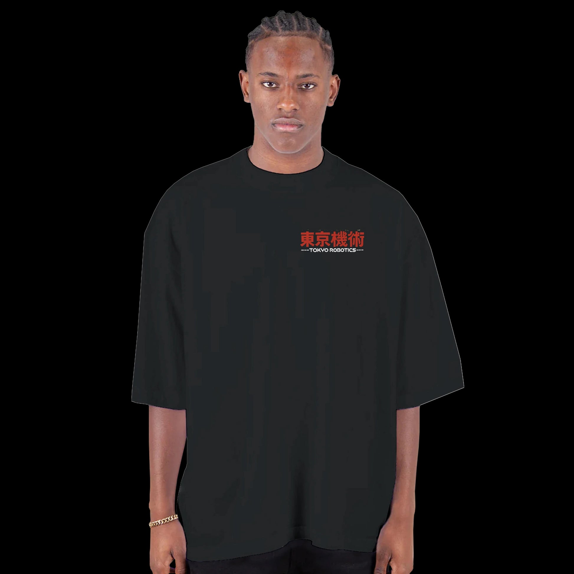Black T-shirt with red Japanese Tokyo Robotics lettering and futuristic tech-inspired font front