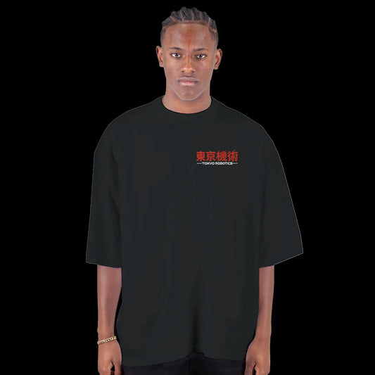Black T-shirt with red Japanese Tokyo Robotics lettering and futuristic tech-inspired font front