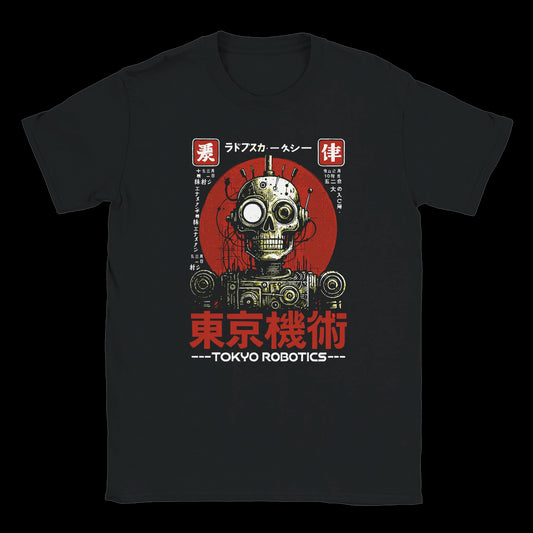 Black T-shirt featuring retro Japanese robot skull graphic with red Tokyo Robotics text