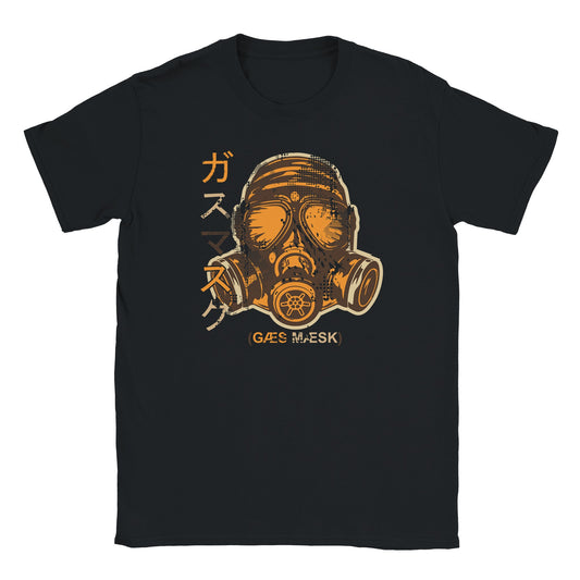 Black T-shirt with orange and beige Neo Tokyo gas mask graphic and Japanese katakana text