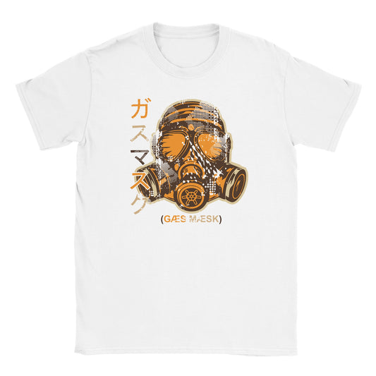 White T-shirt with orange and beige Neo Tokyo gas mask graphic and Japanese katakana text