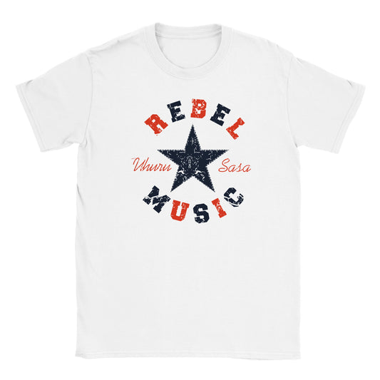 White T-shirt with distressed navy star, red and navy REBEL MUSIC text, and Uhuru Sasa script
