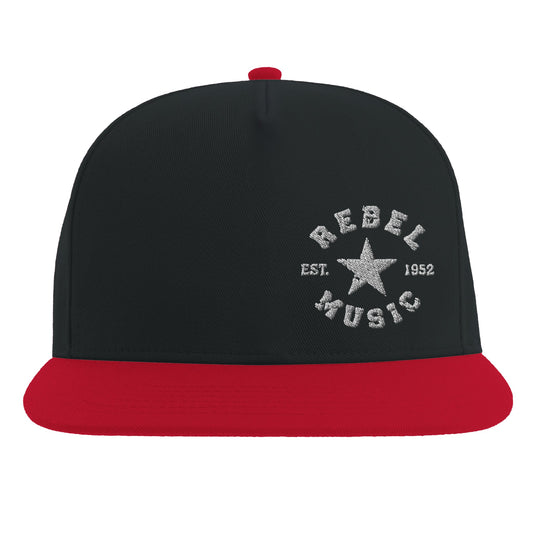 Black and red  cap with embroidered Rebel Music text and distressed star logo in minimalist circle design