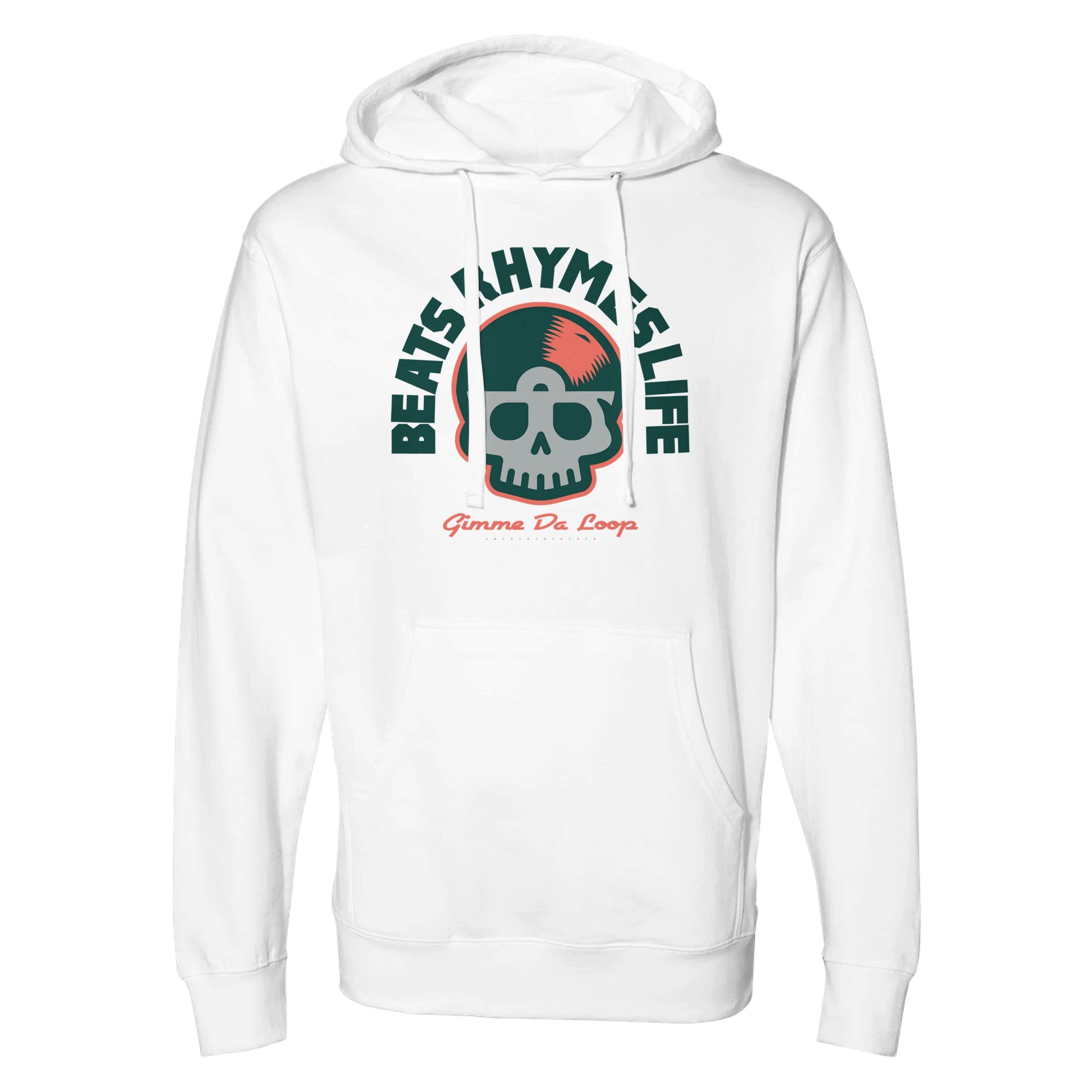 White hoodie featuring a bold forest green and red skull with a vinyl record head, surrounded by “Beats Rhymes Life” arc and “Gimme Da Loop” script – Vinyl Reaper design by Two Souls Inc.
