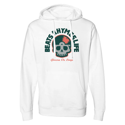 White hoodie featuring a bold forest green and red skull with a vinyl record head, surrounded by “Beats Rhymes Life” arc and “Gimme Da Loop” script – Vinyl Reaper design by Two Souls Inc.
